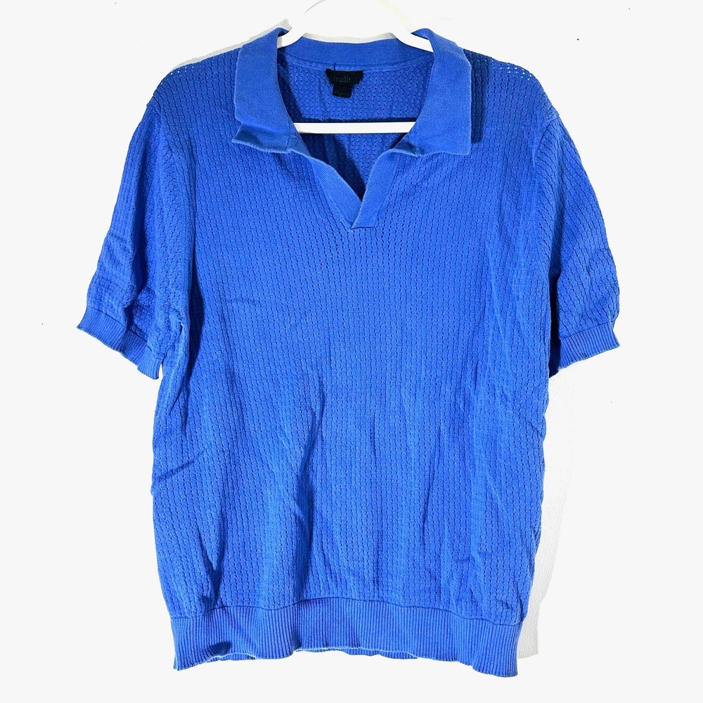 Truth‎ Mens Blue Cotton Pointelle Knit Short Sleeve Polo Shirt Large